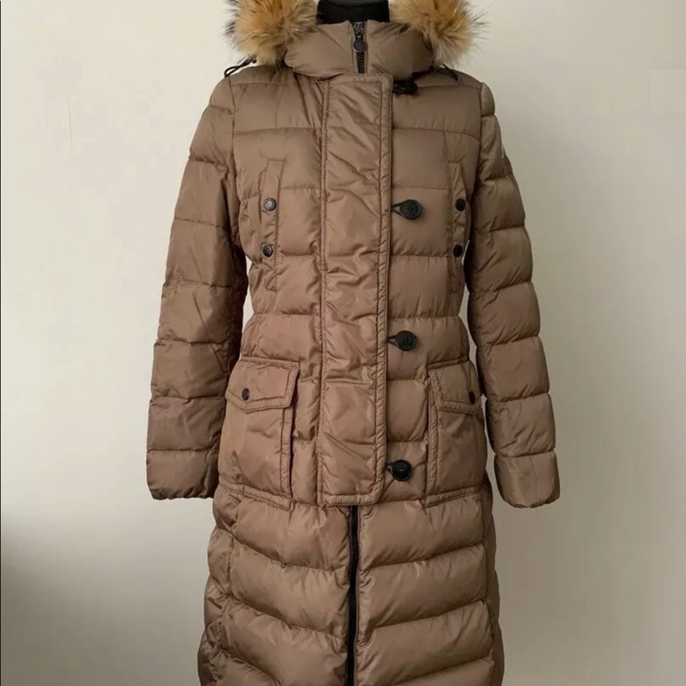 Moncler Genevrier Women Long Down Coat Parka Jacket Hood Fur Size 3 or L Winter